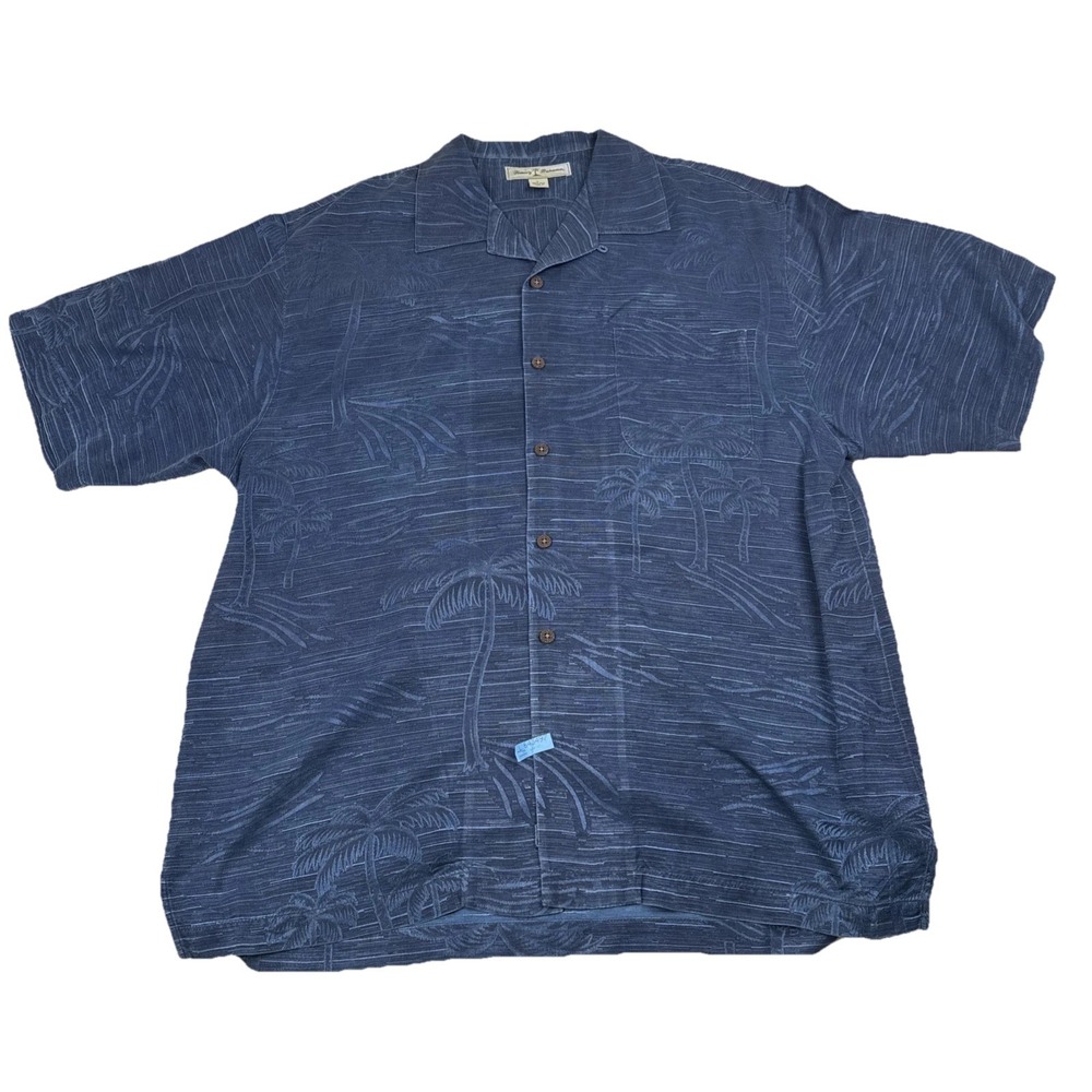 Tommy Bahama Silk Hawaiian Shirt Men’s L Blue Palm Tree Embossed Aloha